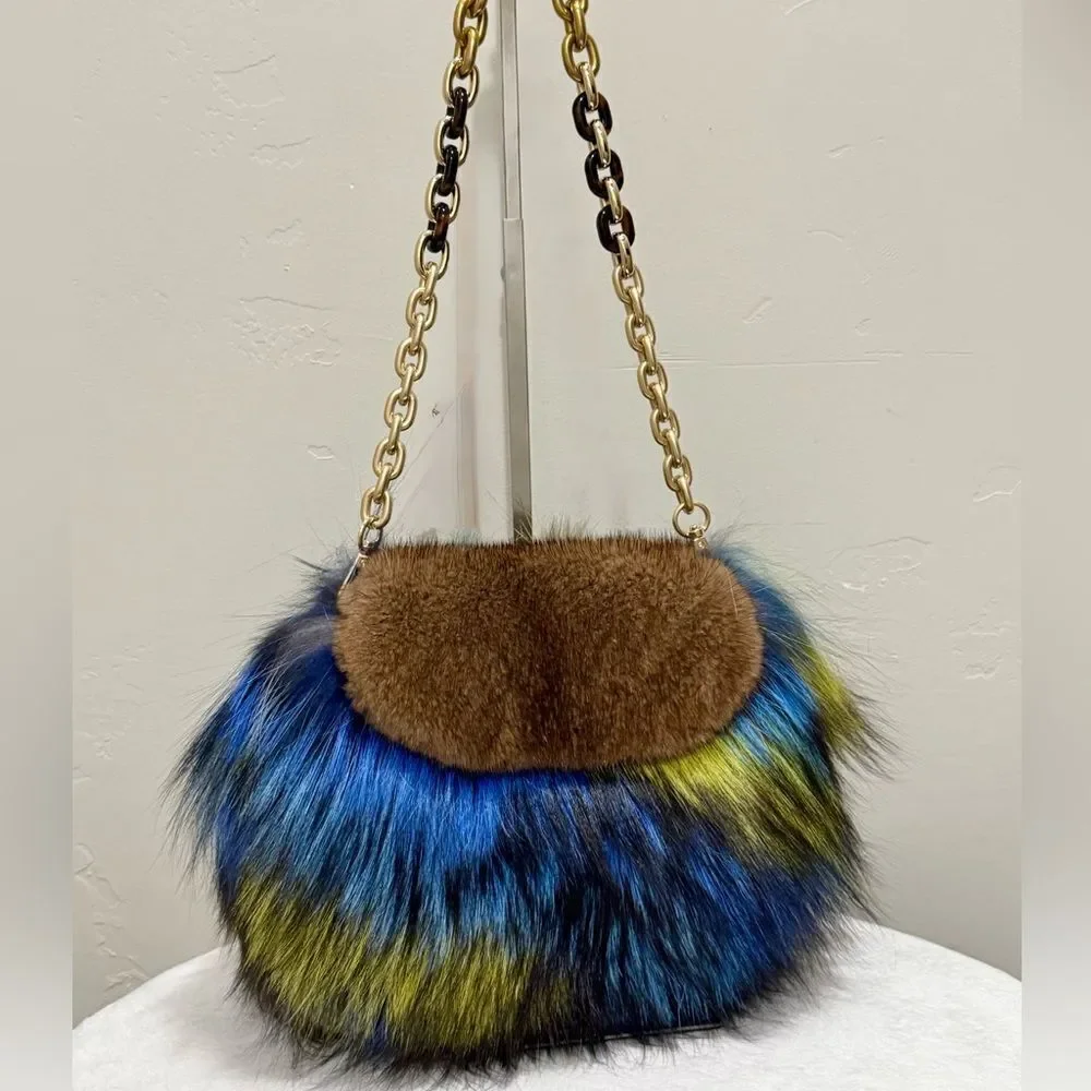 Unique Colorful Real Mink Fur with Finn Raccoon Fur Bag Includes 2 Strap Styles